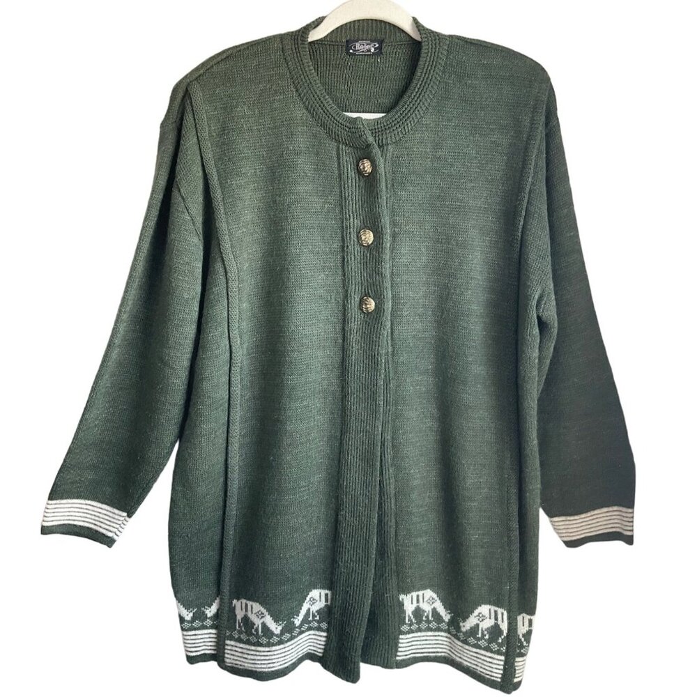 VTG Roger Sz Large Olive Green Cardigan Sweater wool blend Novelty Cows Goats